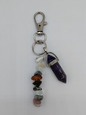 Handcrafted Amethyst Point Crystal Keychain with Multicolor Gem Chips